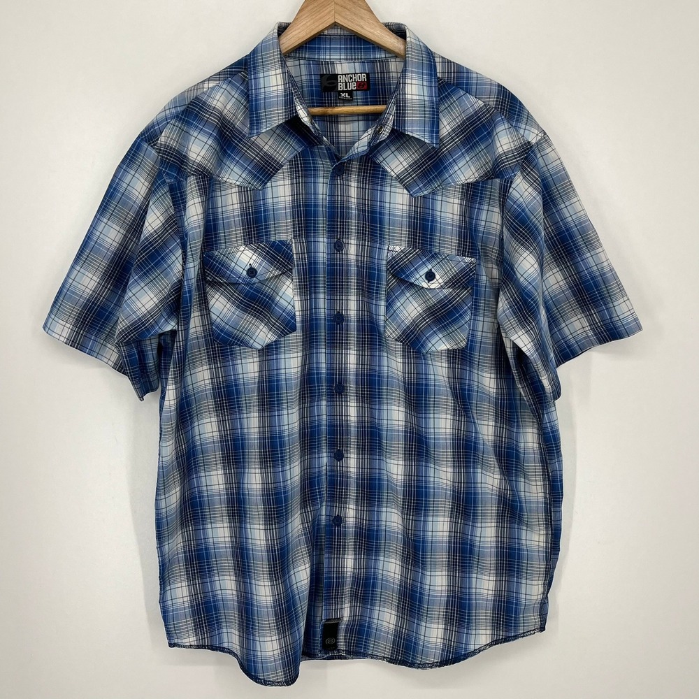 Anchor Blue Mens XL Western Short Sleeve Plaid Snap Front Shirt Blue White Y2K‎